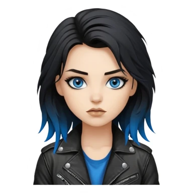 
 rockstar girl with long total black disheveled hair, blue eyes, Smokey eyes rockstar grunge makeup, rocking  sticker