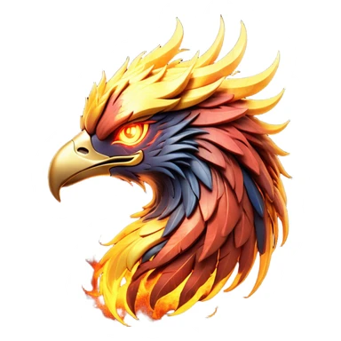 Cinematic Battle-Hardened Mystical Fire Phoenix Portrait Emoji, head bowed slightly in a moment of raw resilience, revealing a form etched with the wear of relentless conflict. Ragged, scorched plumage and half-closed, determined eyes speak to battles fought and won. Rendered with authentic detail and dramatic natural light that accentuates every scar and burn, high shine, this portrayal blends vulnerability with hardened strength, outlined in a soft glow that captures the essence of a phoenix tempered by the fires of combat. sticker