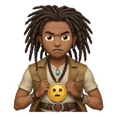 a angry black man with dreads and a circle pendant chain to the side slanging back and forth a belt sticker