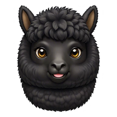 Cinematic Cute Black Alpaca Portrait Emoji, Head tilted playfully and inquisitively, featuring a plush, shiny jet-black fleece with a lustrous sheen, round, sparkling dark eyes filled with curiosity, Simplified yet irresistibly adorable features, highly detailed, glowing with a warm, friendly glow, high shine, affectionate and gentle, stylized with a touch of whimsy, bright and endearing, soft glowing outline, capturing the essence of a mischievous yet loving alpaca, so playful it feels like it could prance out of the screen and into your arms! sticker