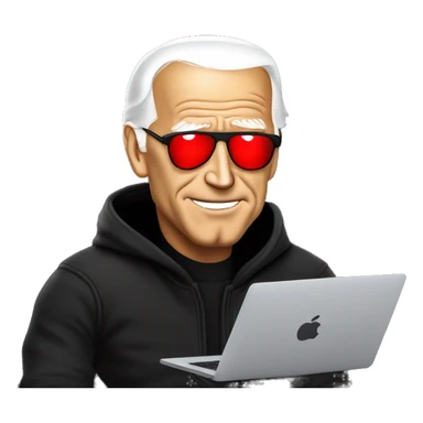 joe biden in a black hoodie with bright red glowing laser eyes typing on a macbook, joe biden sticker