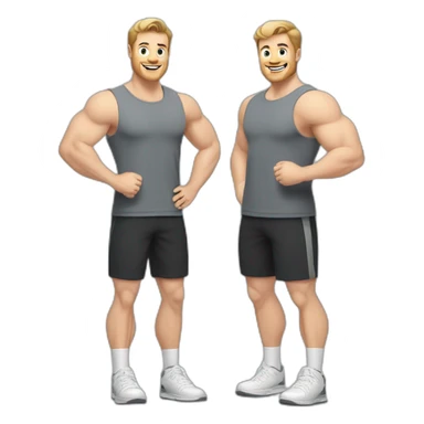 Full height Actively gesturing with hands Pale skinned Fit Man With the biceps and light brown hair with Bristle in dark gray Sleeveless Mike, black oversize sports shorts and white Sneakers sticker