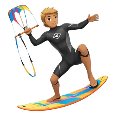 An athlete in a wetsuit riding a kiteboard, soaring over the sea waves with the kite high in the sky. The background features a vibrant blue sky and crashing ocean waves, capturing the thrill and freedom of kitesurfing in dynamic motion. sticker