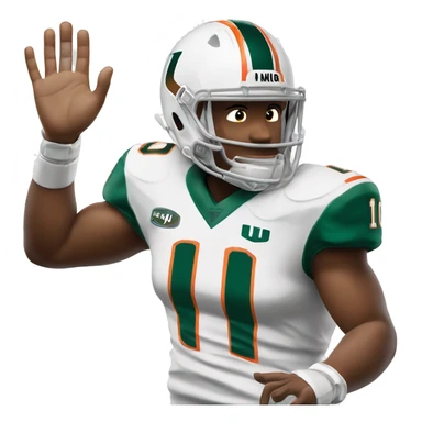 White Miami Hurricanes Football player with Green jersey wearing number 10 holding up the “U” hand signal sticker