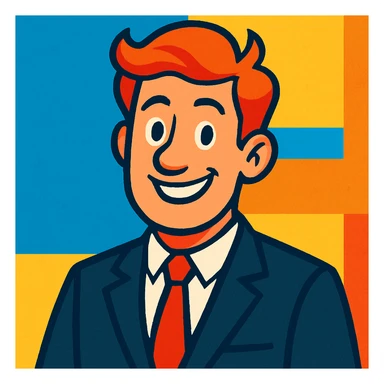 red-haired man in a black suit with a red tie, smiling at the camera, vibrant toon style sticker