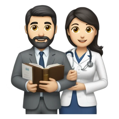 husband classic executive 55 dark hair trimmed beard wearing business suit holding bible, with wife asian age 55 dark hair wearing nurse uniform sticker