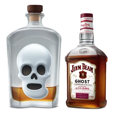 Realistic bottle of clear whiskey Jim Beam's Jacob's Ghost white label and lid with clear glass of clear whiskey with Cranberries and ice in glass. sticker