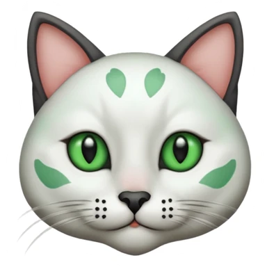 Haz una gata de ojos verdes la cara blanca con mancha negra en las orejas que agarra parte de la frente del lado der pero del iz va desde el ojo hasta la oreja la mancha, tiene la nariz negra en forma de corazón y todo lo que sobra de la cara, barbilla la nariz arriba y el lado de bigotes es blanca sticker