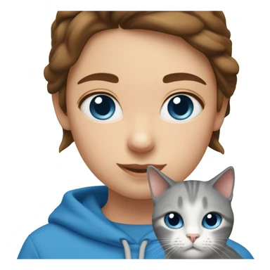 Create a sticker pack with a оgirl with brown hair below her shoulders with blue eyes and a blue sweatshirt or T-shirt. She has a white and gray Scottish Straight cat with blue eyes, sticker