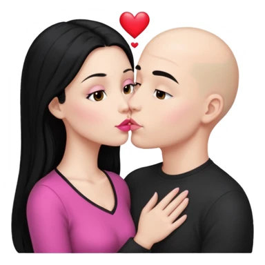 👩🏻‍❤️‍💋‍👨🏻 this one but the man should be bald. white woman with long black hair and white bald young man whoitiut hair and a heart between their heads. she has pink lips and both have brown eyes. sticker