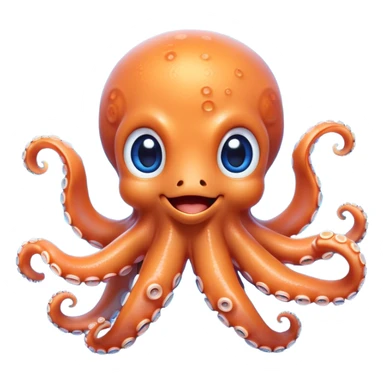 Cinematic Cute smiling Octopus Portrait Emoji, Head tilted playfully and inquisitively, featuring a rounded, light orange body embellished with playful blue rings, eight adorably curling arms, and big, twinkling eyes full of wonder, Simplified yet irresistibly adorable features, highly detailed, glowing with a warm, inviting underwater glow, high shine, affectionate and lively, stylized with a touch of whimsical cartoon charm, soft glowing outline, capturing the essence of a mischievous yet loving octopus that seems as if it could bob out of the screen into your arms! sticker