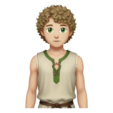 medieval summer outfit worn by a DnD themed fantasy male character. thin, sleeveless wool tunic with a small keyhole opening at the neckline, tied shut with a leather string. clothes only above the waist. The clothes full waist. The character's haven't arms. character is white-skinned, dark blonde hair, green eyes, short curly hair. sticker