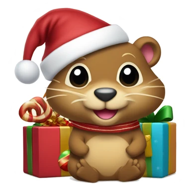 “Create an emoji of a cheerful gopher like Goldy the Gopher from the University of Minnesota, wearing a festive Christmas hat and scarf, surrounded by ornaments, candy canes, and wrapped presents in a colorful holiday theme.” sticker