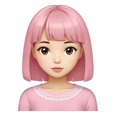 Cute East Asian girl, soft fair skin with blush on cheeks, big brown eyes with long lashes, natural pink lips, inward brown bob with straight bangs. Wearing a stylish pink knit top with ribbon details and subtle lace trim, holding a abyssinian sticker
