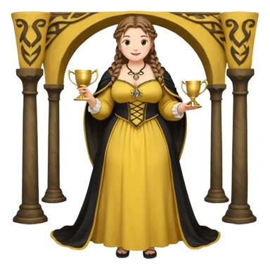 Helga Hufflepuff,brown-haired,2 braids,yellow-black medieval open dress,deep neckline,fat macromastia,black cloak decorated with gold braiding,gold cup with two handles,very kind smile,curvy busty sweet woman,round rosy cheeks,full length with medieval shoes sticker
