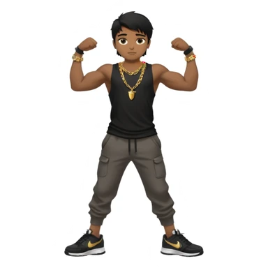 full side body close up view of muscular 13yo boy with veiny hands arms and biceps. has messy black hair with dark-tan skintone with black tshirt. has gold chain and nike shoes with baggy pants sticker