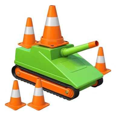green tank with its treads flattening traffic cones directly underneath, emoji style sticker