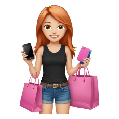 Mujer joven blanca de contextura media sonriendo con cabello largo cobrizo vestida con top negro y short de jean con bolsas de compras rosas y un celular sticker