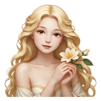 Cinematic Realistic Rapunzel Portrait, with porcelain-like skin featuring a subtle, natural glow, illuminated by soft lighting that brings out the gentle contours of her face. Her long, golden blonde hair cascades in detailed waves, each strand highlighted with a radiant shimmer as it catches the light. She playfully holds a flower in one hand, her other hand resting casually in her lap, with a warm and spirited expression. Her bright, expressive green eyes exude curiosity and warmth, framed by delicate lashes and soft, arched brows. She is dressed in her classic lavender and pink gown, the fabric textured with delicate folds that flow naturally, catching the light with a soft, radiant glow. The portrait captures a luminous, enchanting aura, seamlessly blending realism with a whimsical, fairytale charm, evoking a timeless sense of beauty and magic. sticker