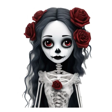 hyper realism, full height skeleton, tim burton "corpse bride", thin porcelain doll with a cracked face, goth makeup watery eyes, long hair, lace and ruffles, lolita style, inked, black and white, red roses sticker