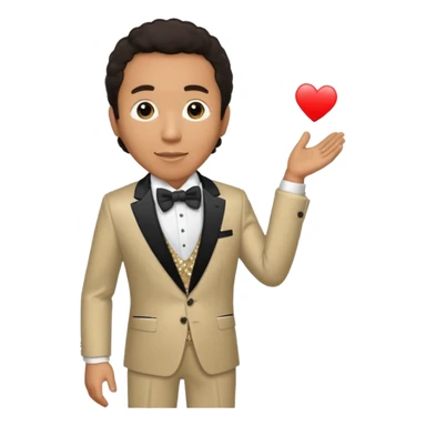Smokey Robinson with dark brown hair, beige sequin suit with bow tie sticker
