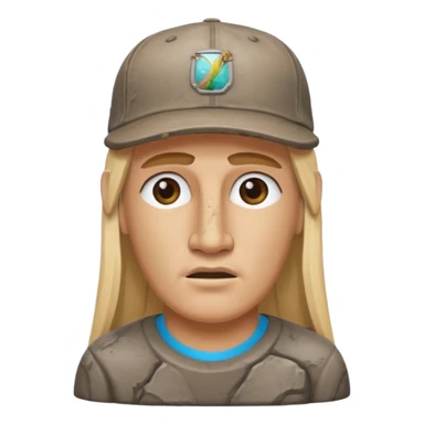 Easter island head rock with long blonde hair and a backwards baseball cap sticker