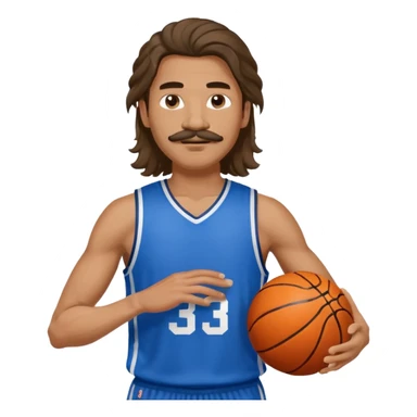 long haired man basketball player blue jersey with mustache holding basket ball sticker