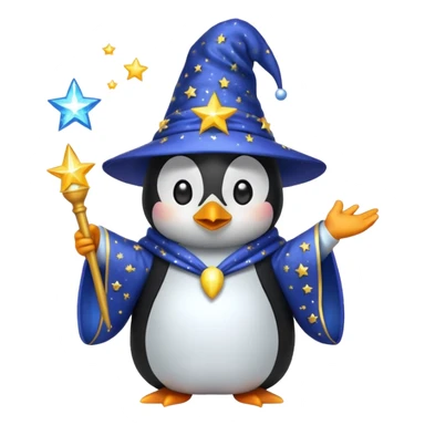 penguin wizard casting a sparkling spell wearing a starry robe and hat, emoji style sticker