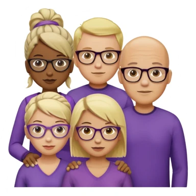 FIVE person team; 2 men and 3 women.  All dressed in yellow or purple.  2 caucasian women have blonde and 1 has ash blonde hair tied up.  1 man is African-american and bald, 1 man is caucasian and very little hair left.  All have glasses sticker