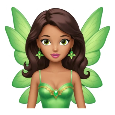 Pretty thick Barbie girl with caramel skin. Dark brown hair and brown eyes. She has freckles. Wearing sexy makeup. Wearing a green fairy costume and heels and flying sticker