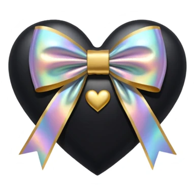holographic black heart with a gold bow and heart pattern on the bow sticker