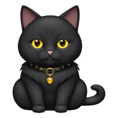 Un gato negro gordito con los ojos de color amarillos sentado con un collar que diga: waina michi sticker