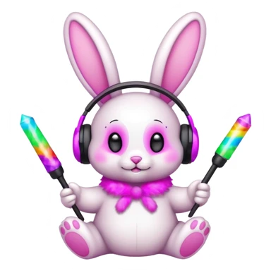 cute rave bunny wearing headphones, holding a glow wand, surrounded by confetti, festive mood sticker
