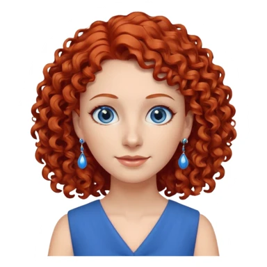 una profesora simpática con el pelo rojo rizado, ojos azules, vestido azul y pendientes azules sticker