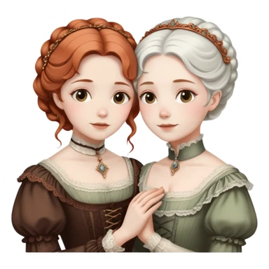 Two modest Victorian women hugging, one with white hair and one with copper hair, wearing Victorian era dresses sticker