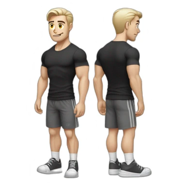 Confused Pale skinned Fit Man With the biceps and dark brown hair in black shirt, gray sports shorts and white Sneakers sticker