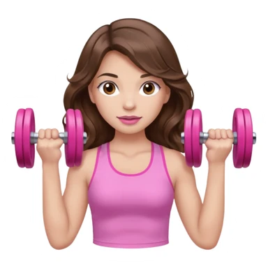 girl with wavy long brown hair, brown eyes, light to medium complexion, long lashes, light pink lipstick, wearing light pink shirt, lifting pink dumbbells in a sports top sticker