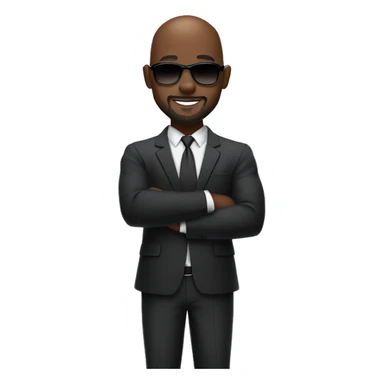 Smiling athletic bald attractive dark skin black man in proffessional suit with goatee and sunglasses crossing arms and standing sideways sticker