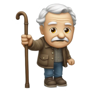 Old man leaning on a walking cane and holding his crancky back with his hand, grumpy face, detailed sticker