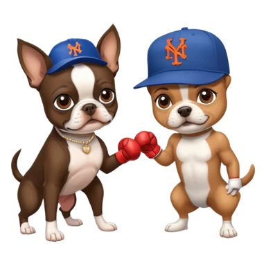 Brown Boston terrier wearing a New York Mets hat boxing a yorkie with a New York Yankees hat sticker