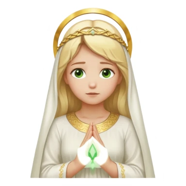 Blonde girl in white closed dress with green eyes praying. The holy halo is behind her, she is enveloped by a golden glow sticker