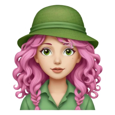 pink haired very long curly haired woman with full full face green clay mask and a hat sticker