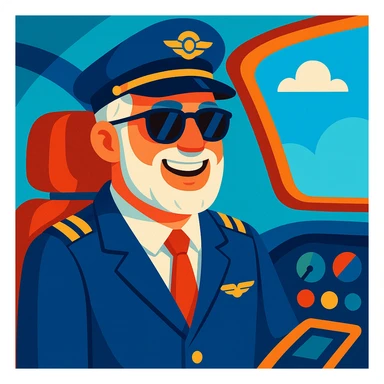 middle-aged male pilot, white skin, silver hair, beard, smiling, wearing sunglasses, vibrant toon cartoon style sticker