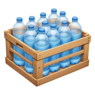 A 3D cartoon crate filled with water bottles, neatly arranged, bright industrial background, smooth reflections, realistic Memoji-style. sticker