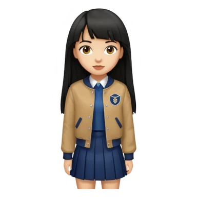hair : black long hair with fringe 
skin : light 
cloth : brown varsity jacket + navy long long school girl skirt 


 sticker