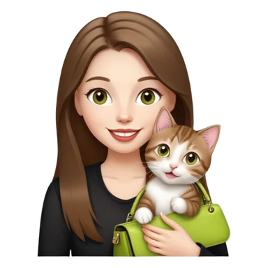White Woman with VERY long straight brown hair, rosy lips and cheeks, big chartreuse eyes, cute happy big smile holding a white and brown tabby kitten, wearing a black purse sticker