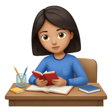 A student with dark hair is reading a book and taking notes in a notebook. There are also papers and textbooks on the table. sticker
