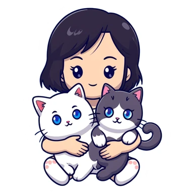 Cute Asian girl with black hair cradling a fluffy ragdoll cat with blue eyes sticker