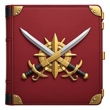 A dark crimson red book with black and gold details, a rugged leather texture, and an emblem of crossed swords, a knight chess piece, or a battle flag, radiating strategy, discipline, and the art of power sticker