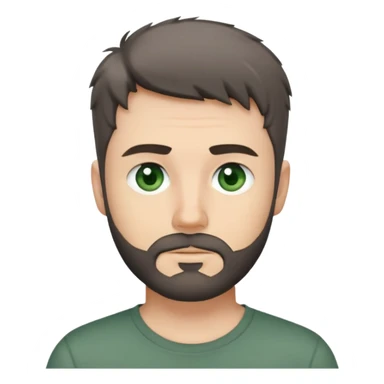 white man with dark messy short hair, dark green eyes, gray t-shirt, and short beard sticker